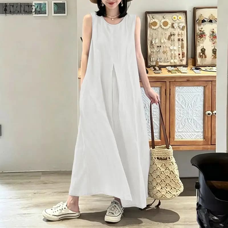 ZANZEA Abito lungo estivo casual da donna senza maniche con scollo a O e dettagli a pieghe invertite, abiti lunghi in tinta unita, abiti larghi da donna