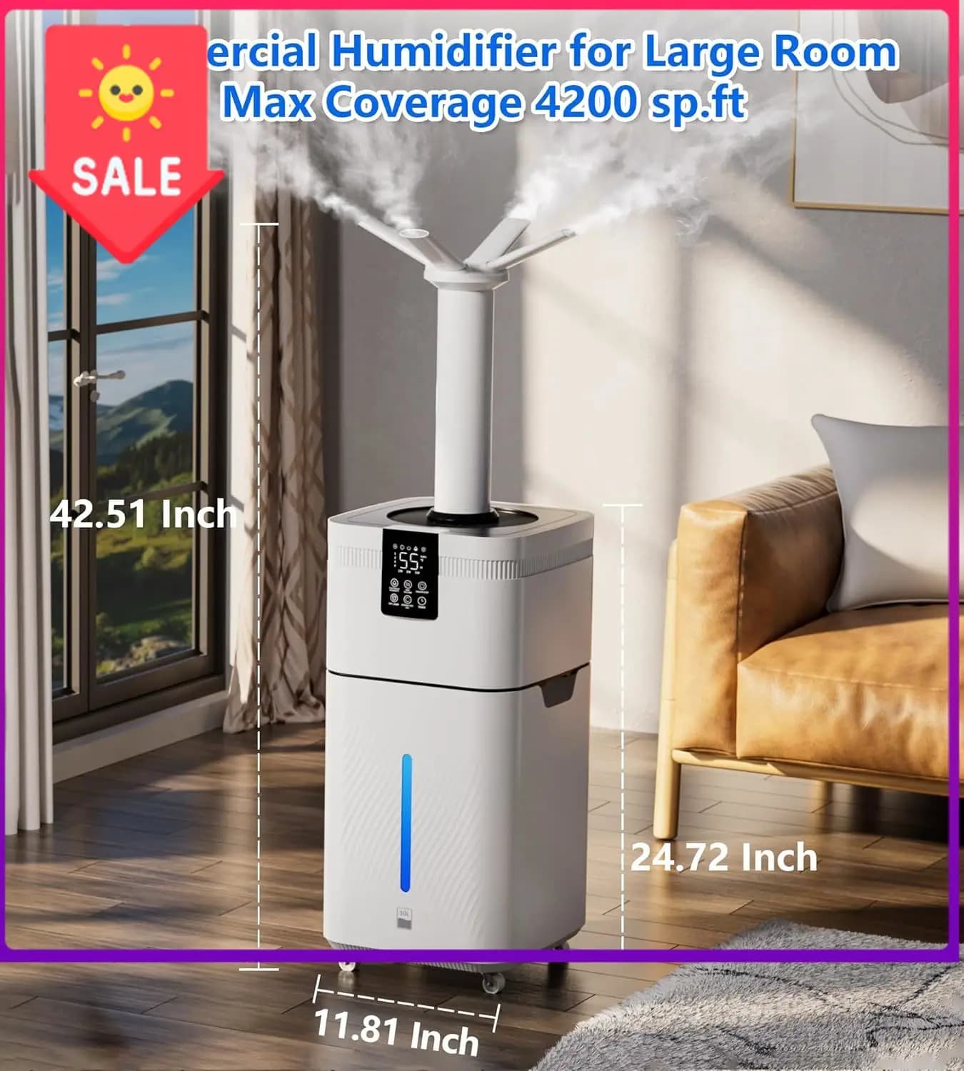Umidificatore Commerciale da 30L/7.93Gal per Grandi Ambienti fino a 4200 sq ft, Umidificatore per Tutta la Casa da 3000mL/H con Nebbia Fredda Extra Grande