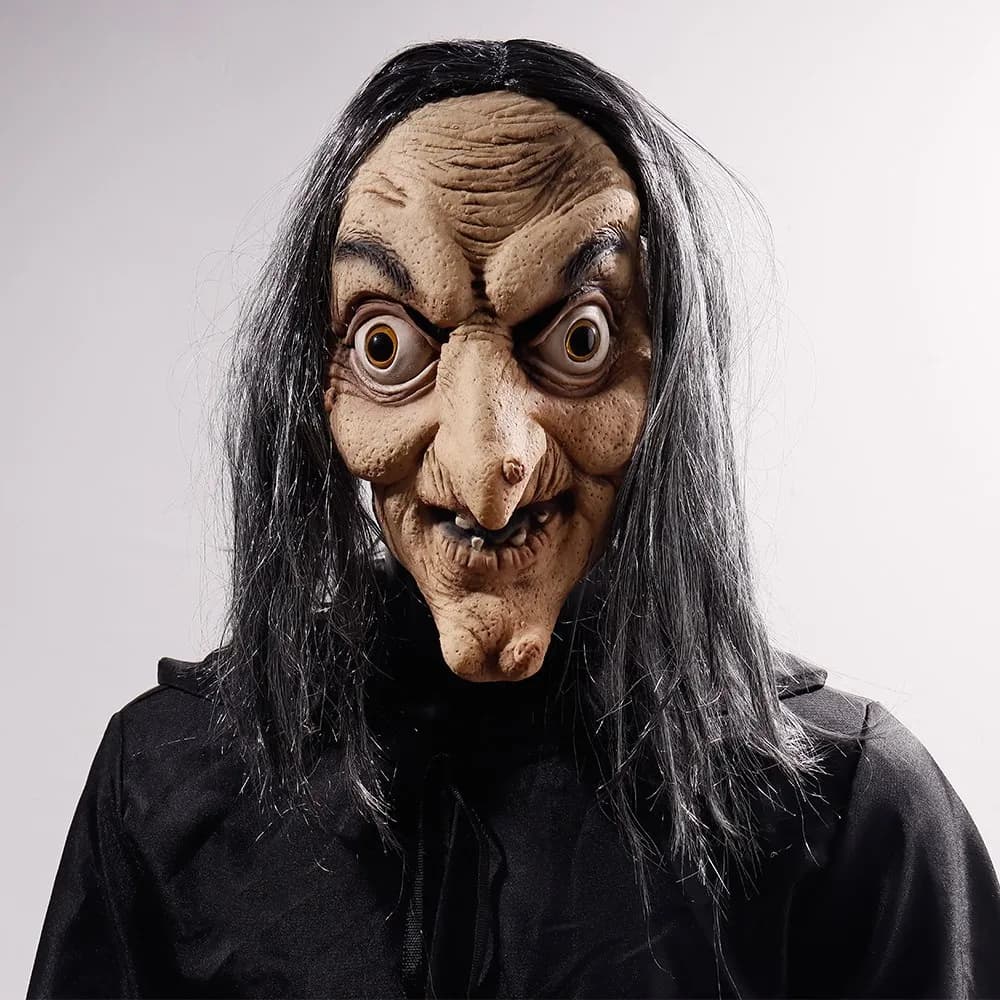 Halloween Witch Mask Cosplay Creepy Ghost Long nose latex helmet with hair Haunted House Party Costume spikes