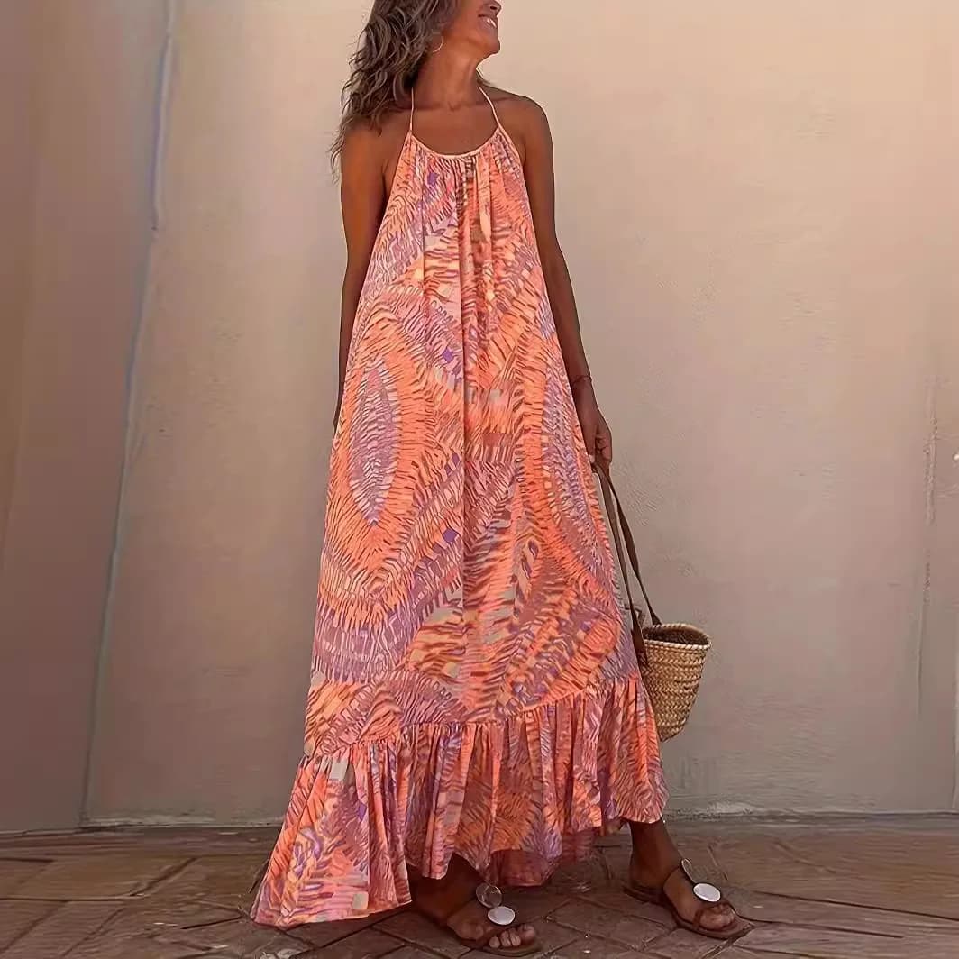 Mandylandy Summer New Beach Dress Stampato O-Collo Pendolo Abito da spiaggia con spalle scoperte Abito lungo sexy senza maniche senza schienale