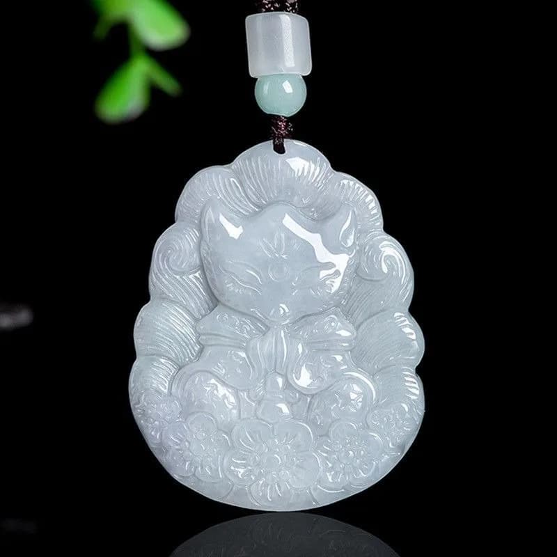 New Pendant in Jade in Shape of Fox in Nine Code, Pendant Fox in Jade Glutinosa, Floral Piece, Jade for Man and Woman