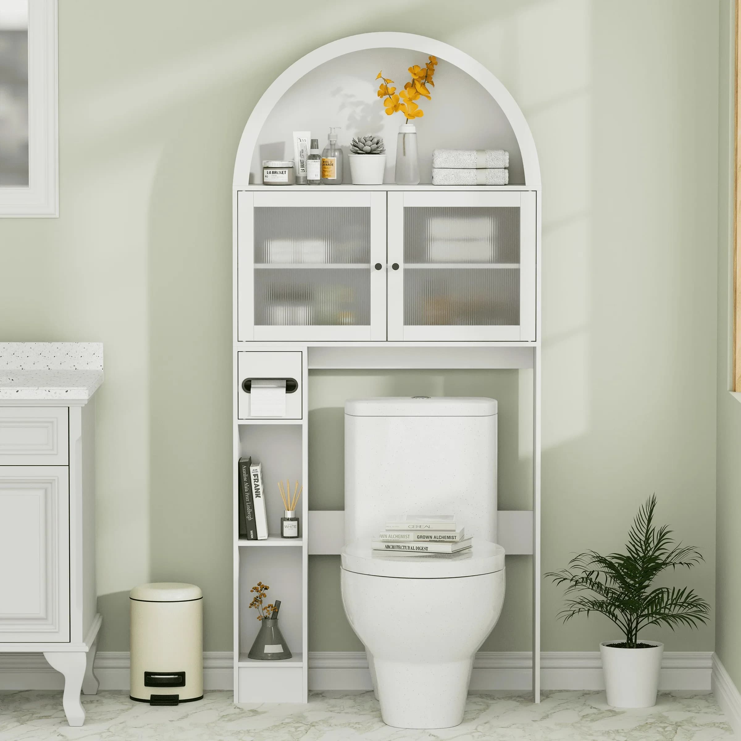 Mobiletto da bagno indipendente sopra il WC con ripiano flessibile e ante, organizer curvo salvaspazio