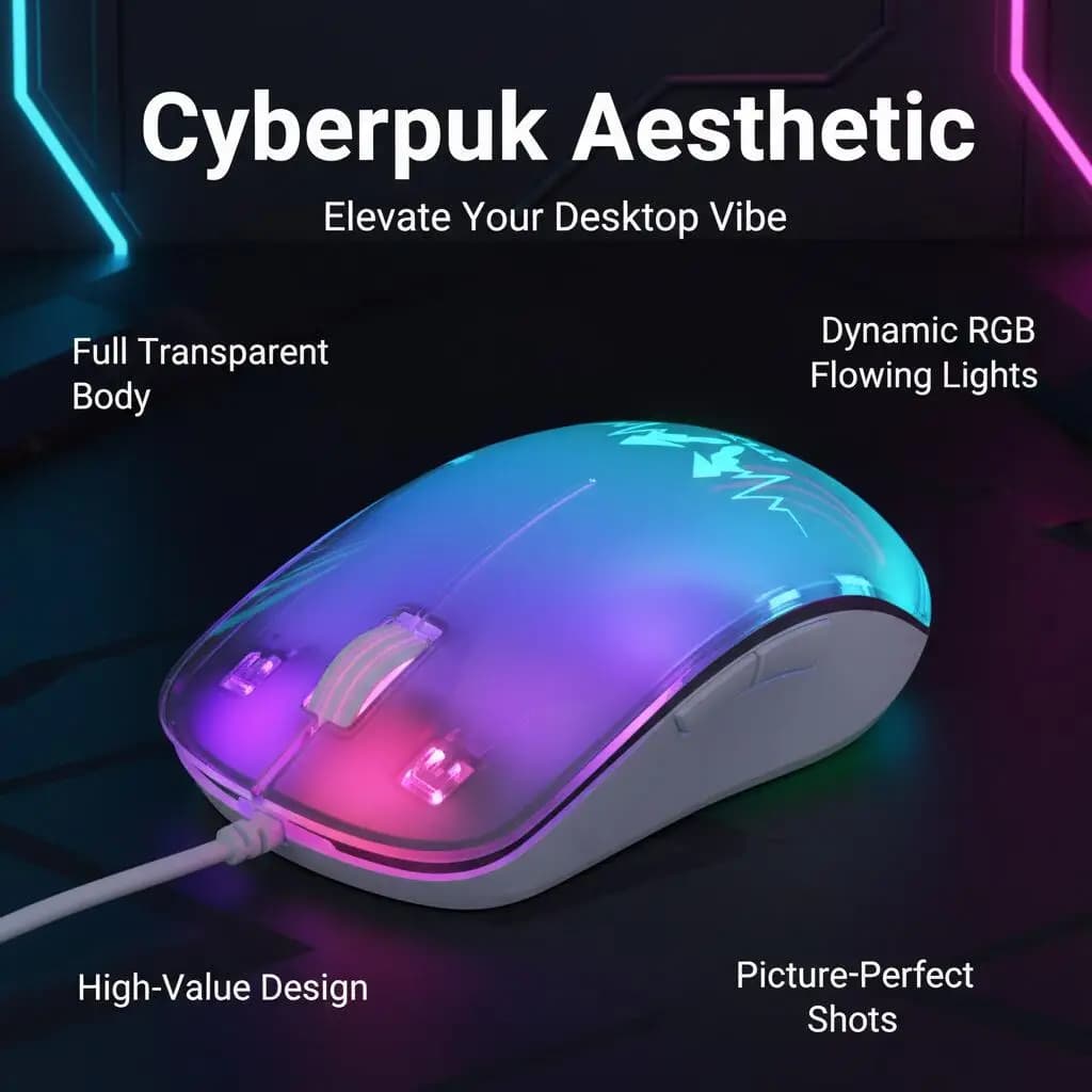 Mouse da Gaming RGB Cablato, Design Cyberpunk con Scocca Trasparente, Luci Dinamiche, Click Silenzioso Ergonomico, Plug-and-Play per PC e Laptop