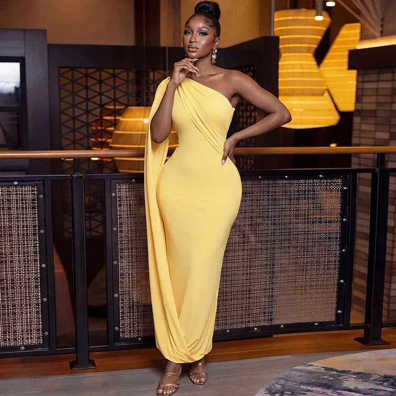Doyerl Solid One Shoulder Bodycon Maxi Dress Woman Elegant Formal Evening Ruched Sheath Slim Prom Club Party Long Dresses Robe