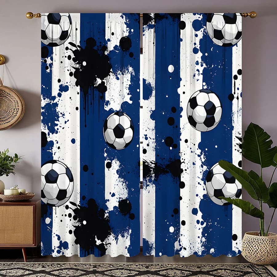 Soccer Ball Curtains Blue White Art Window Drapes Sports Design Home Decor Athletic Theme Kids Room