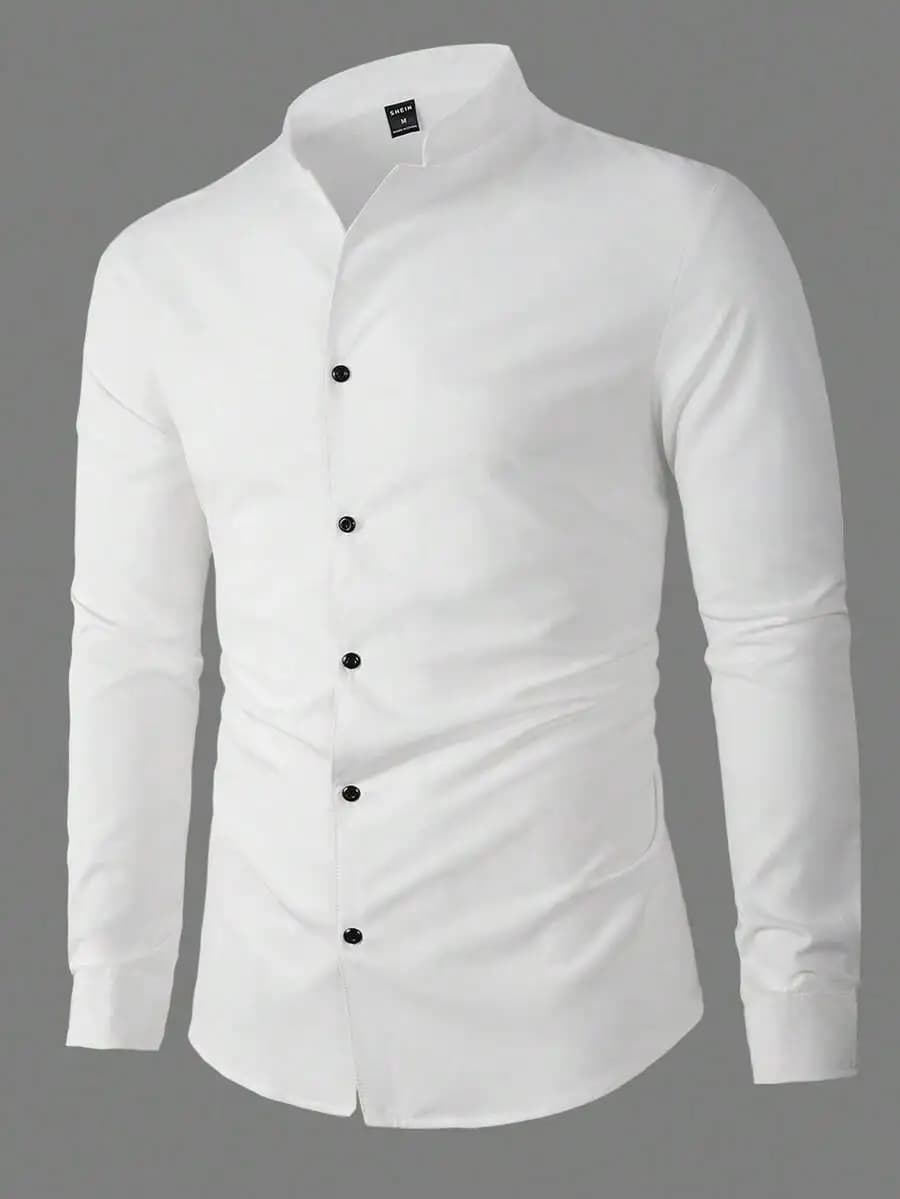 Camicia da Uomo Bianca a Maniche Lunghe con Colletto alla Coreana e Bottoni