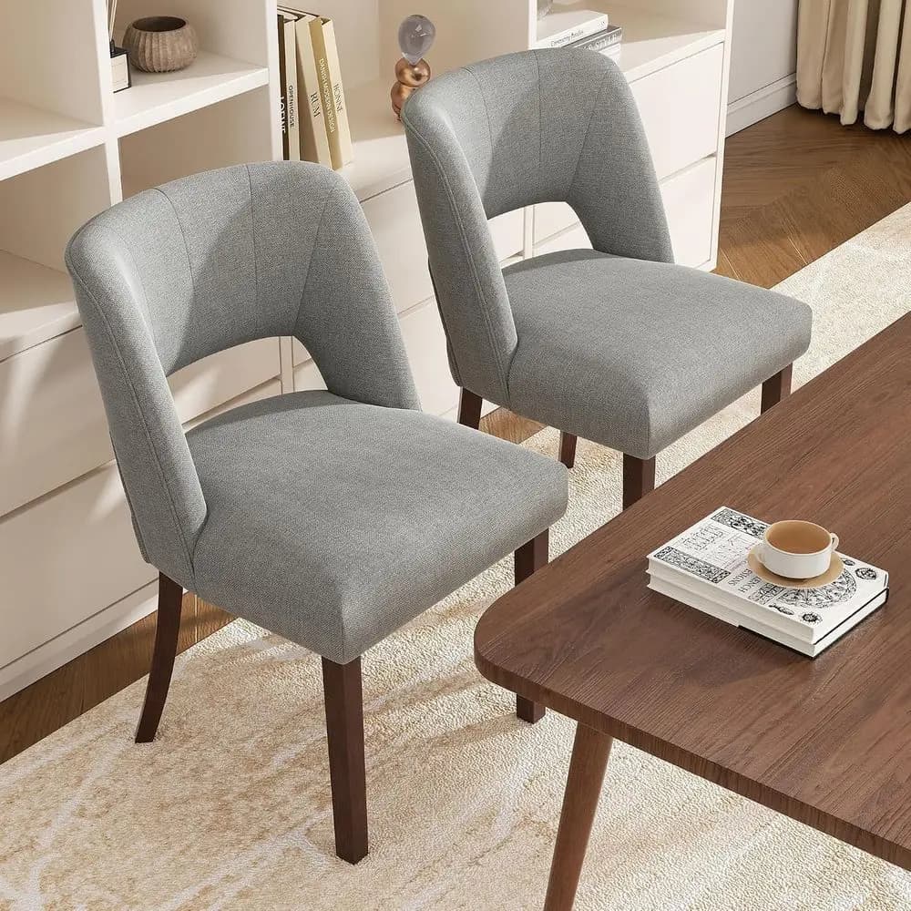 Set of 2 Linen-Cushioned Dining Chairs with Wood Legs for Kitchen and Living Room, Light Grey