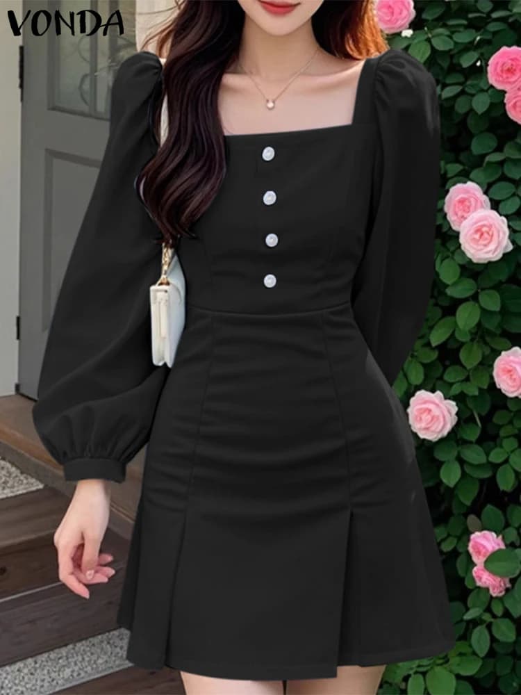 2024 Casual di Colore Solido Colletto Quadrato Vestito Estivo VONDA Donne di Stile Francese Mini Vestito Lanterna Manica Avvolgente Anca Una Linea di Veste Abiti