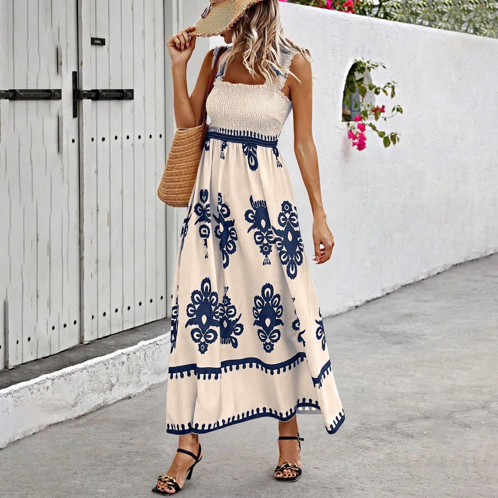 Retro Floral Print Beach Vacation Dress Women'S Ethnic Style Sleeveless Beach Dress Loose-Fitting Bohemian Skirt