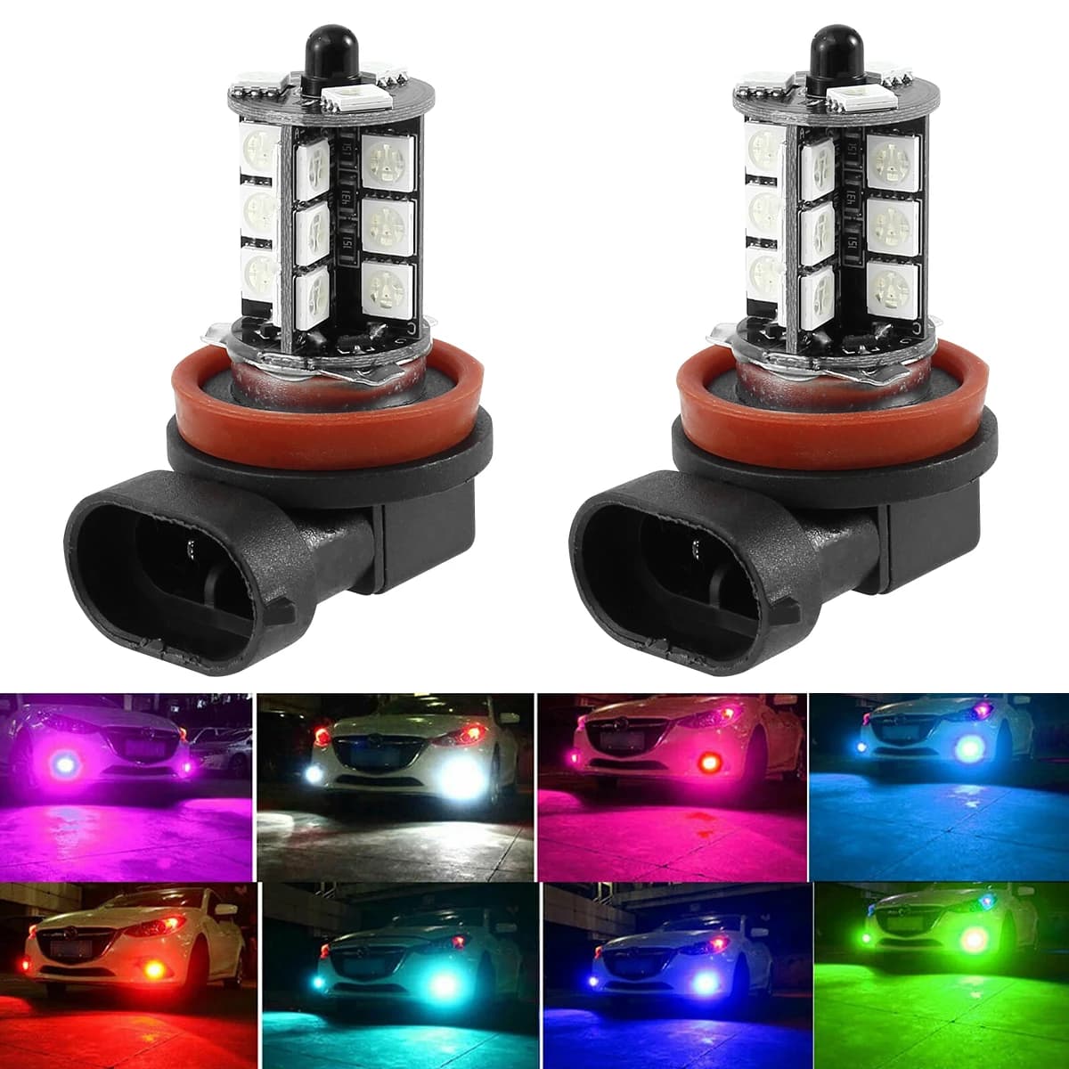 Fendinebbia per auto 2PCS 27 LED H8/H11 RGB Lampadine fendinebbia con telecomando colorato 360 ° Angolo del fascio 4 modalità Lampadine fendinebbia anteriori