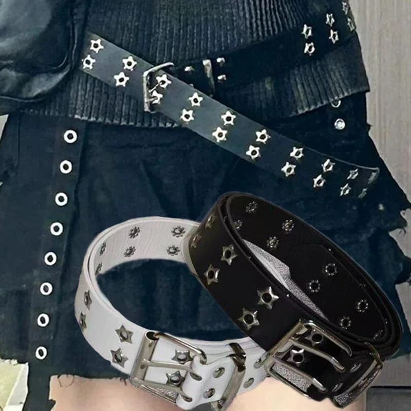 Retro Punk Star Rivet PU Leather Belt for Women Men Fashion Double Row Stars Belt Waistband Daily Wear Jeans Gothic Decorative