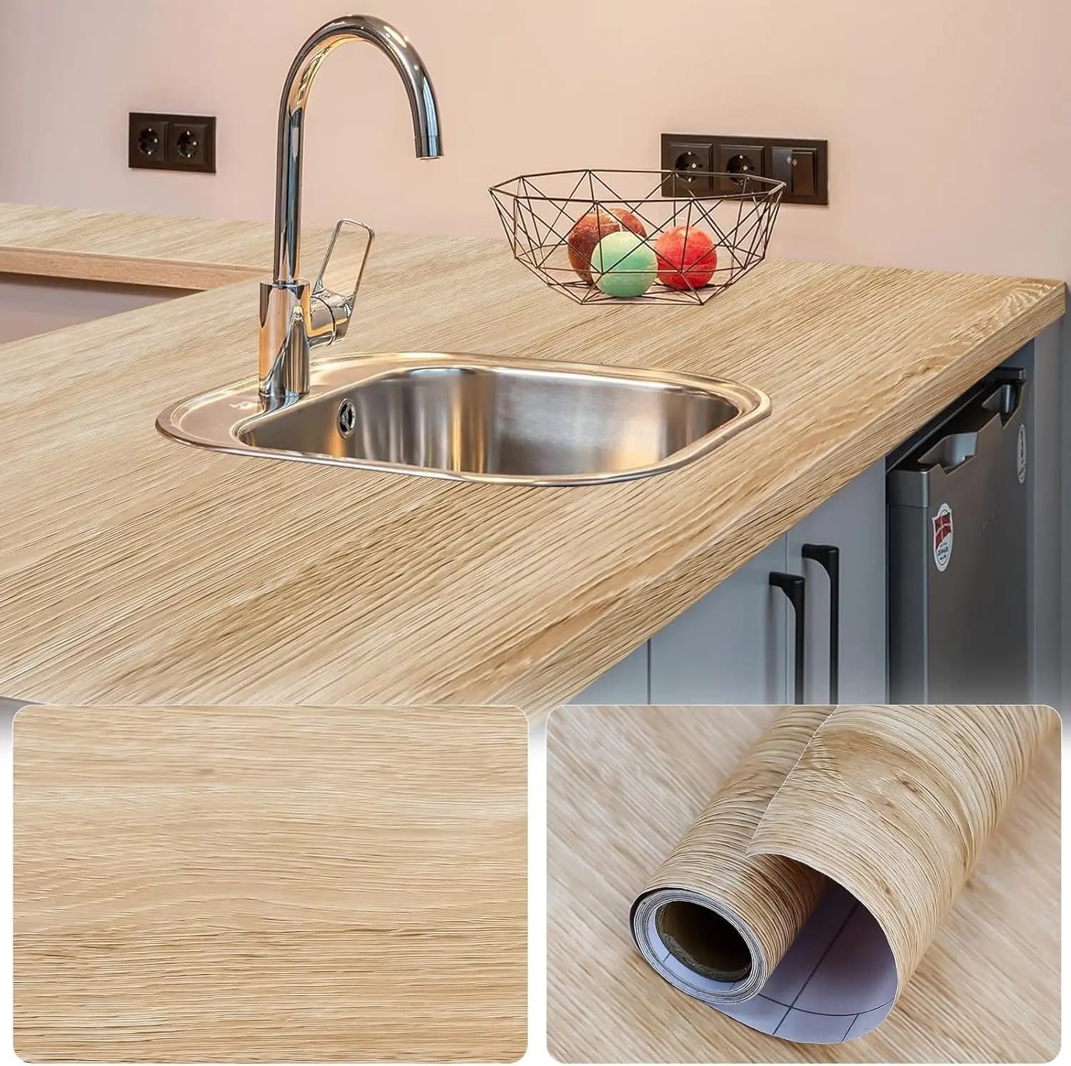 Carta Adesiva Effetto Legno Marrone, Pellicola Vinilica Autoadesiva Rimovibile Facile da Applicare per Mobili e Armadietti da Cucina