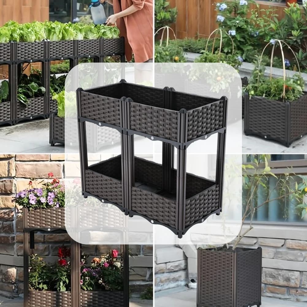 Fioriera a 2 livelli per balcone con vassoio di raccolta acqua, fioriera in plastica riutilizzabile, orto rialzato per fiori e pomodori