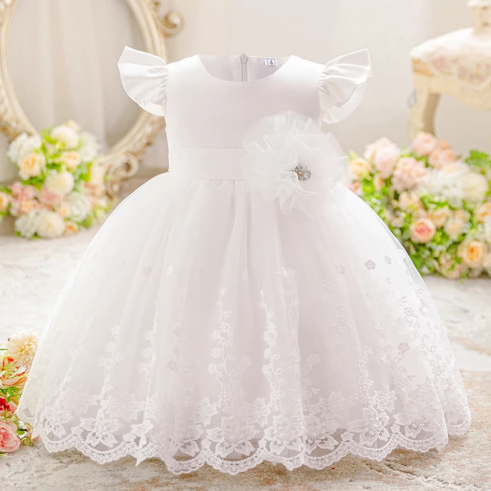 HETISO Abiti con fiori ricamati in pizzo per ragazze Party Princess Bianco Bambini Bambino Cerimonia di compleanno di nozze Abito da ballo 4-7 anni