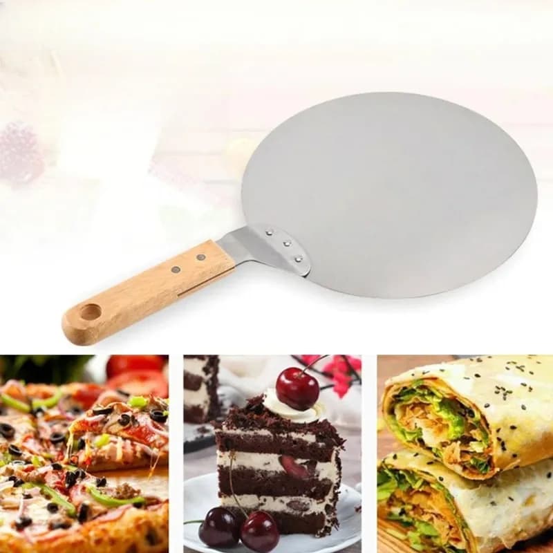 Pala per pizza con manico in legno da 10 pollici in acciaio inossidabile Manico rotondo in legno resistente al calore grande pala rotonda Strumenti per pasticceria da forno