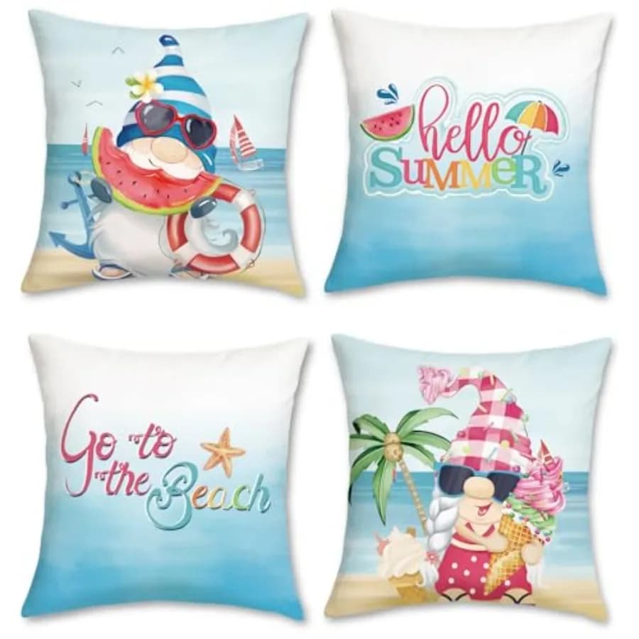 Fodere per cuscini decorativi in velluto a tema spiaggia e costa, blu e rosa con anguria, per divano, letto, casa, patio - Set di