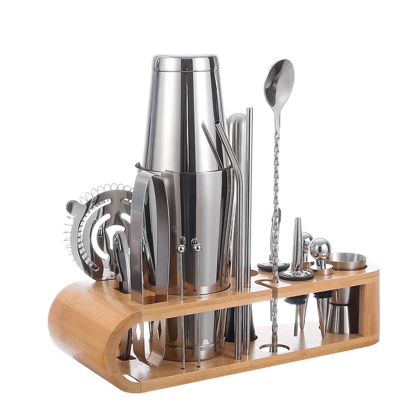 Kit da barista diretto in fabbrica Set di shaker per cocktail Strumenti da bar Shaker per vino in acciaio inossidabile con supporto in legno