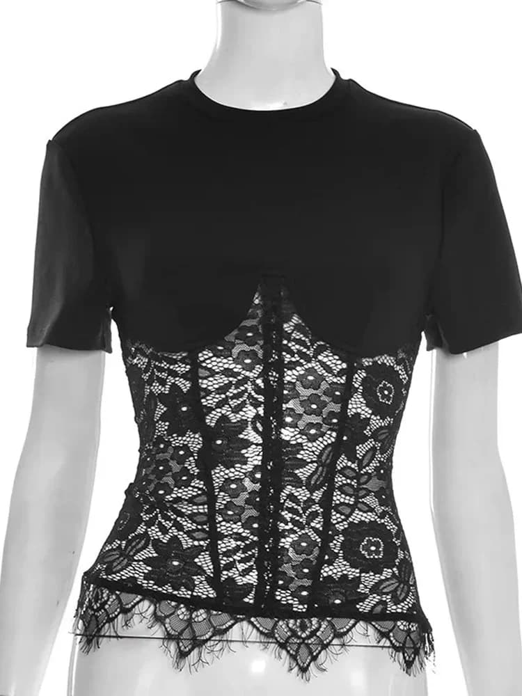 Top Sexy con Inserti in Pizzo, Elegante Maglietta Corta Aderente da Donna a Maniche Corte, Abbigliamento Estivo Femminile, T-shirt in Nero, Marrone e Bianco