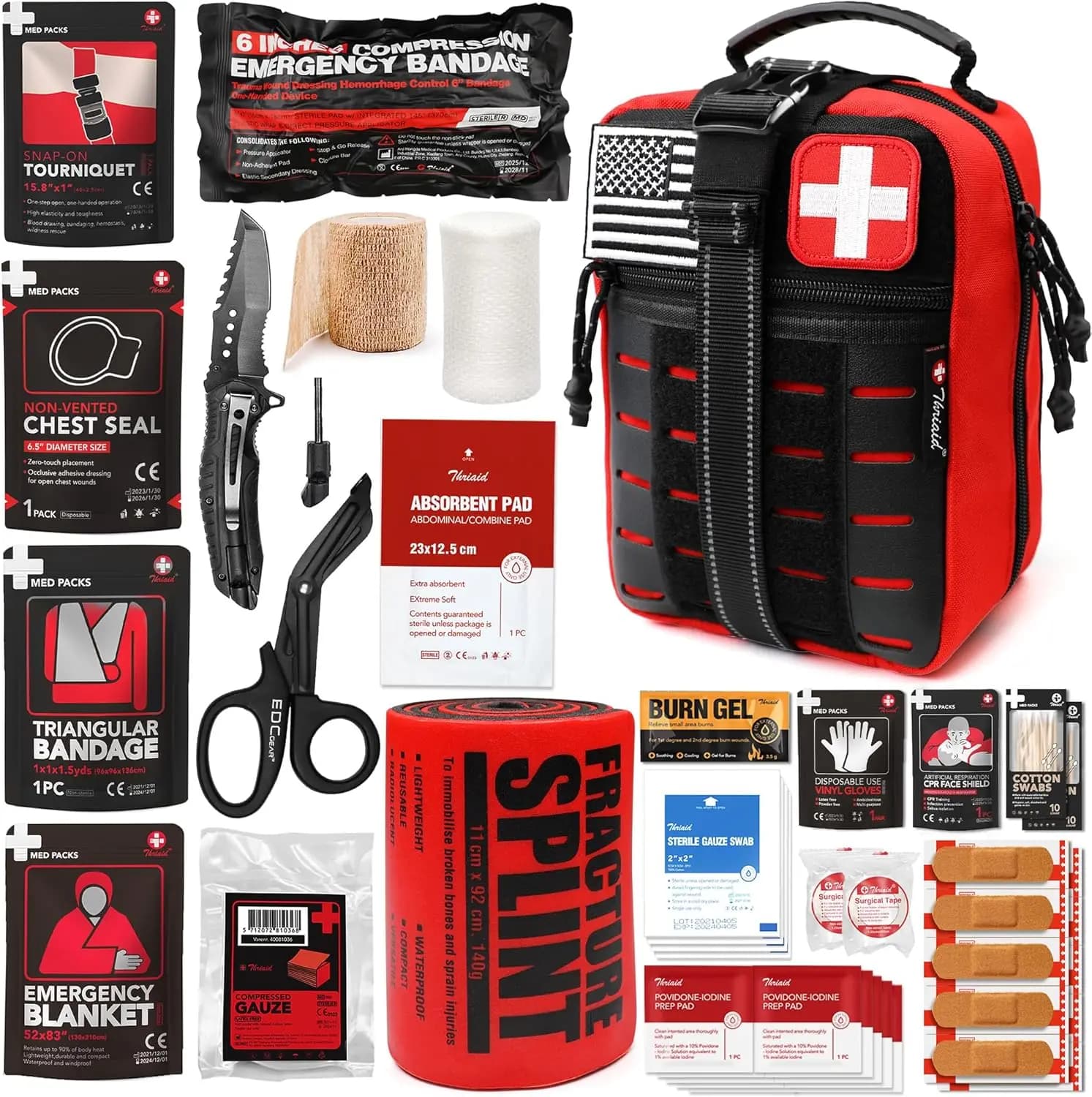 Kit di Pronto Soccorso Tattico con Benda Israeliana, Sigillo Toracico, Laccio Emostatico, Stecca per Cura delle Ferite e Controllo del Sanguinamento in Rosso