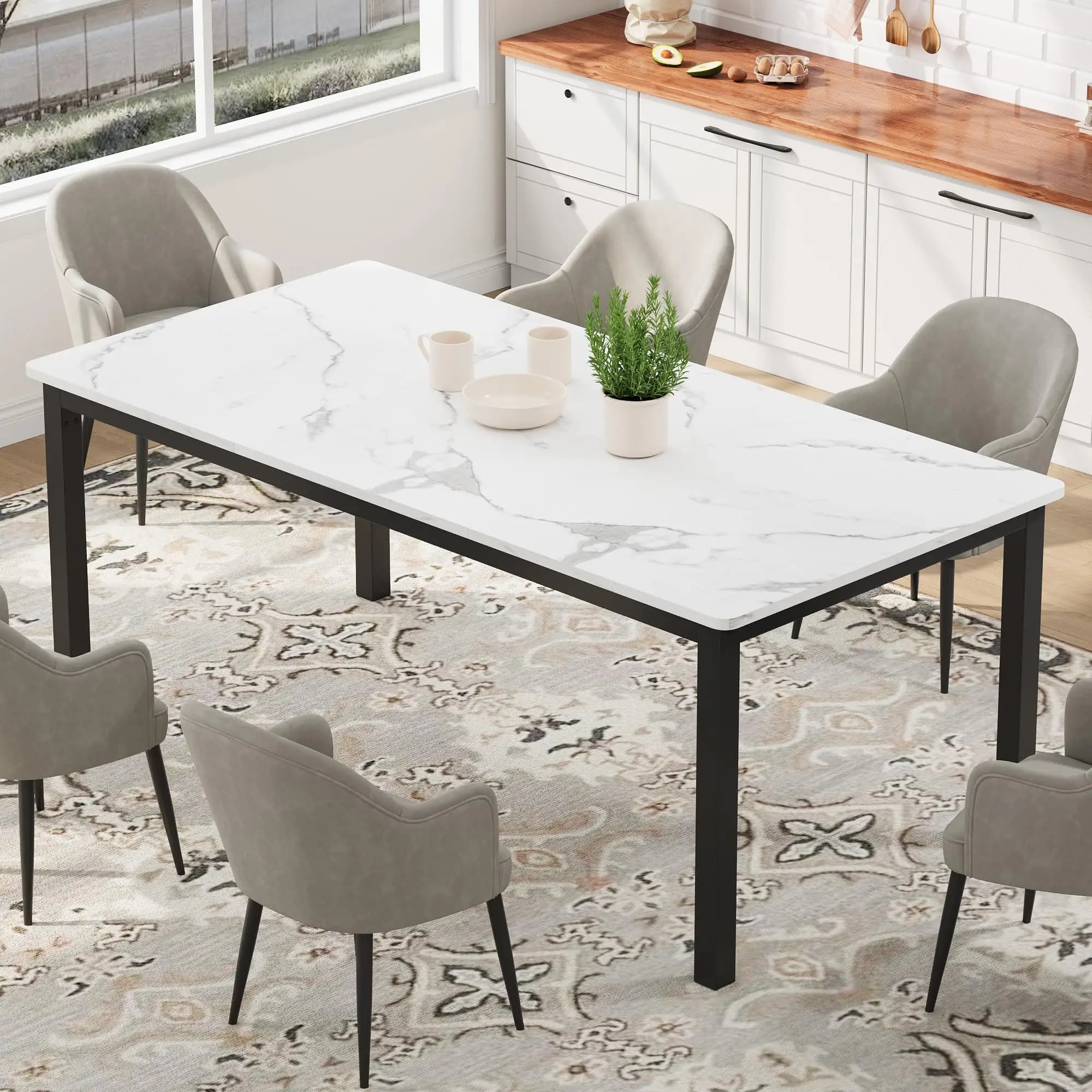 Tavolo da pranzo industriale da 70,8 pollici per 6, tavolo da pranzo lungo in legno con design a tenone da infilare, tavolo da cucina con robuste gambe in metallo