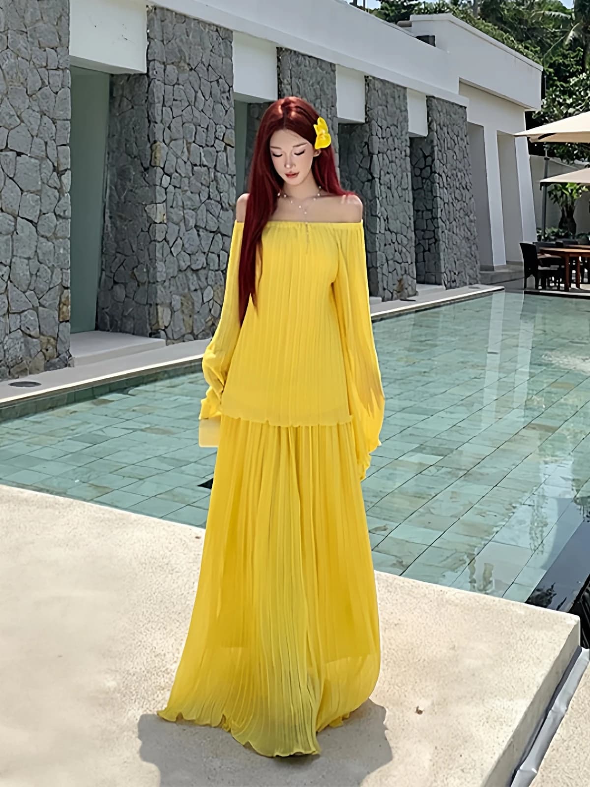 Laid-ba Sle Bellissimo Set Due Pezzi con Top Monospalla Plissettato per Vacanze a Sanya, Isola di Bali, Fotografia in Spiaggia