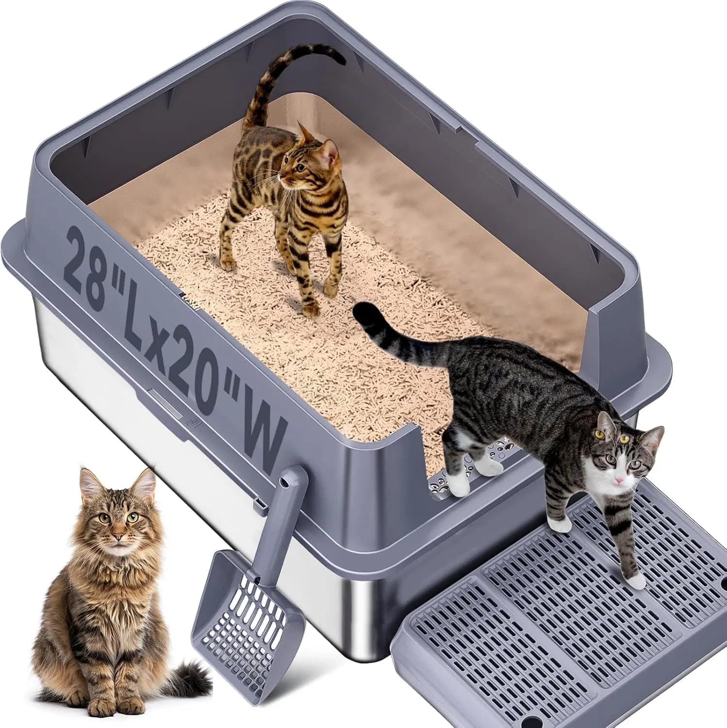 Lettiera per gatti extra large in acciaio inossidabile con coperchio, 28''L x 20''L x 12''H, design anti-perdita per gatti grandi e multipli