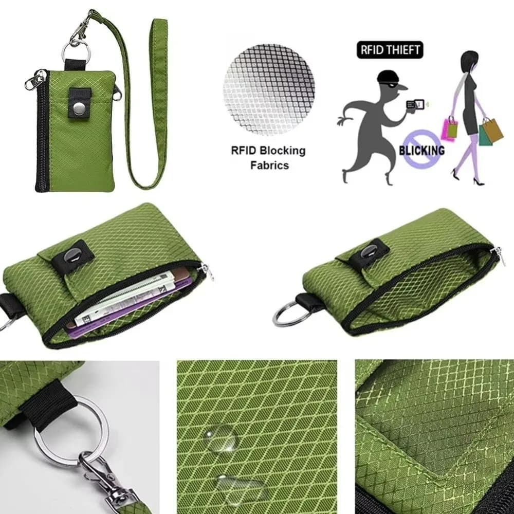 Portafoglio Portatile Impermeabile con Blocco RFID, Custodia con Cerniera, Design Sottile, Finestra per Documenti, Portachiavi con Cordino, Portamonete per Viaggi