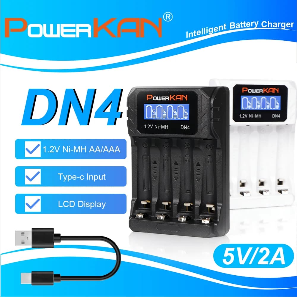 Caricabatterie POWERKAN DN4 con Display LCD per batterie ricaricabili 1.2V Ni-MH AA AAA 4 slot cavo USB-C