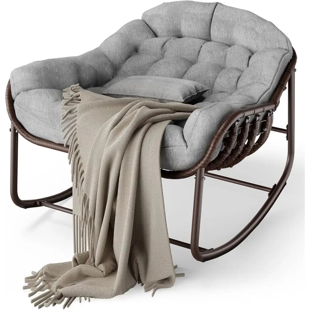 Oversized lounge chair in wickers with pillow, metal frame, patio rattan egg balancer for balcony, courtyard, porch, bedroom, gray