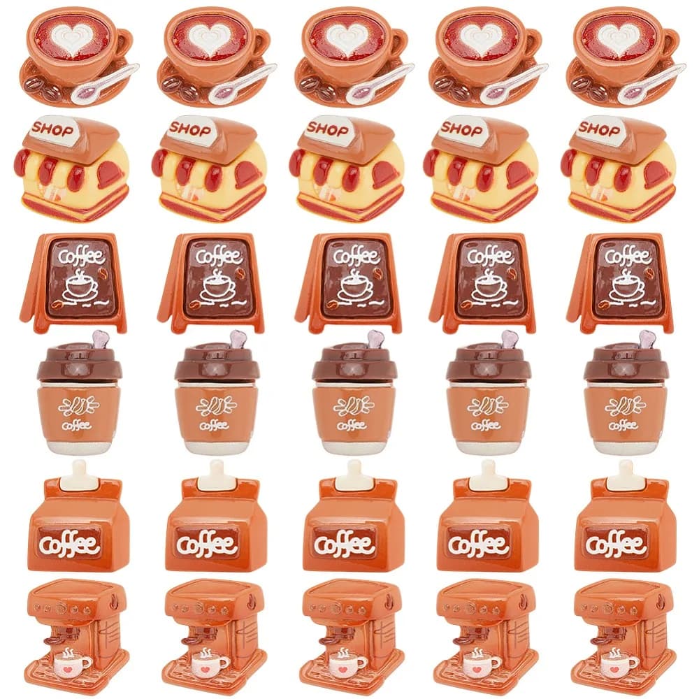 36Pcs 6 Styles Coffee Theme Opaque Resin Decoden Cabochons Coffee Maker/Cup/Signboard/Drink Mixed Color 22~27.5x19~27x6~11mm
