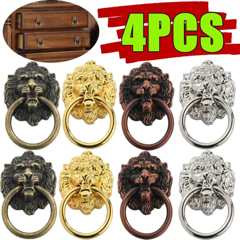 4-1PC Manopola a testa di leone Maniglia ad anello in bronzo antico Maniglia in lega vintage Hardware decorativo Maniglia per porta dell'armadio Maniglia per cassetto Anello per manopola