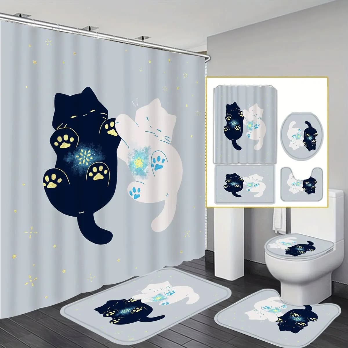 Set da 4 pezzi Tenda da doccia per gatti Poliestere Lavabile Bagno di Natale Doccia Tappetino da bagno antiscivolo Sedile WC a forma di U