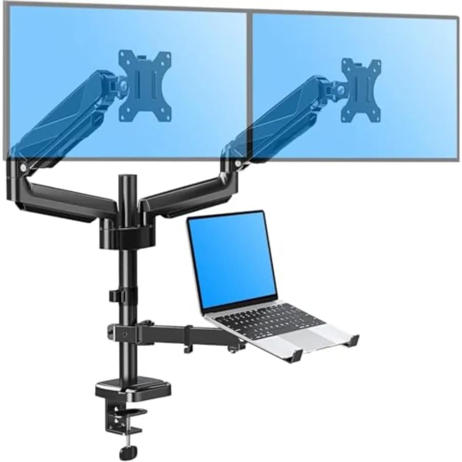 Supporto per Monitor e Laptop da Scrivania, in Lega di Alluminio, Nero, Stand Regolabile 3-in-1 per 2 Schermi da 27 Pollici + Laptop da 10-17 Pollici