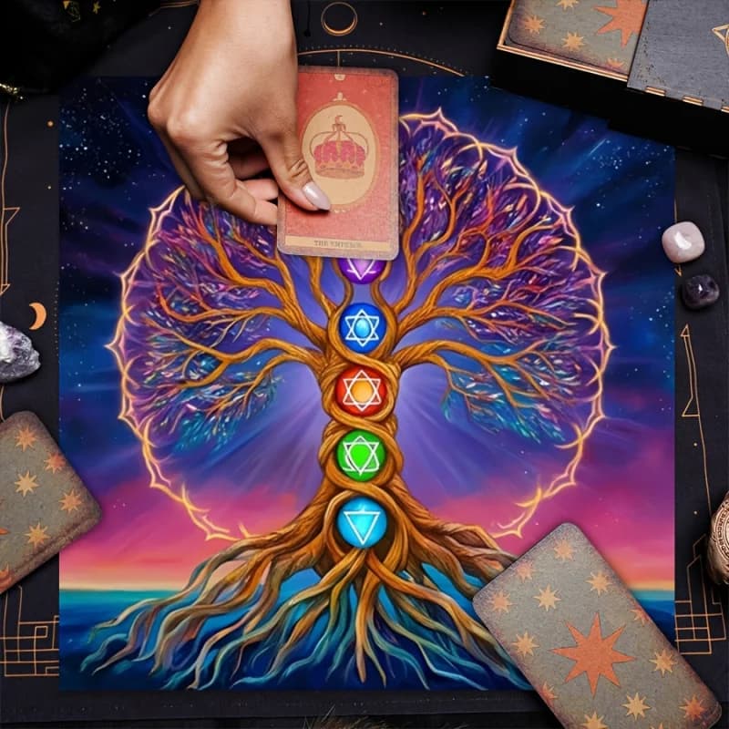 Tovaglia per Carte dei Tarocchi VIKAMA Albero della Vita con Chakra, Tappeto Magico per Altare, Sette Chakra, Tappetino da Tavolo per Cerimonie di Divinazione
