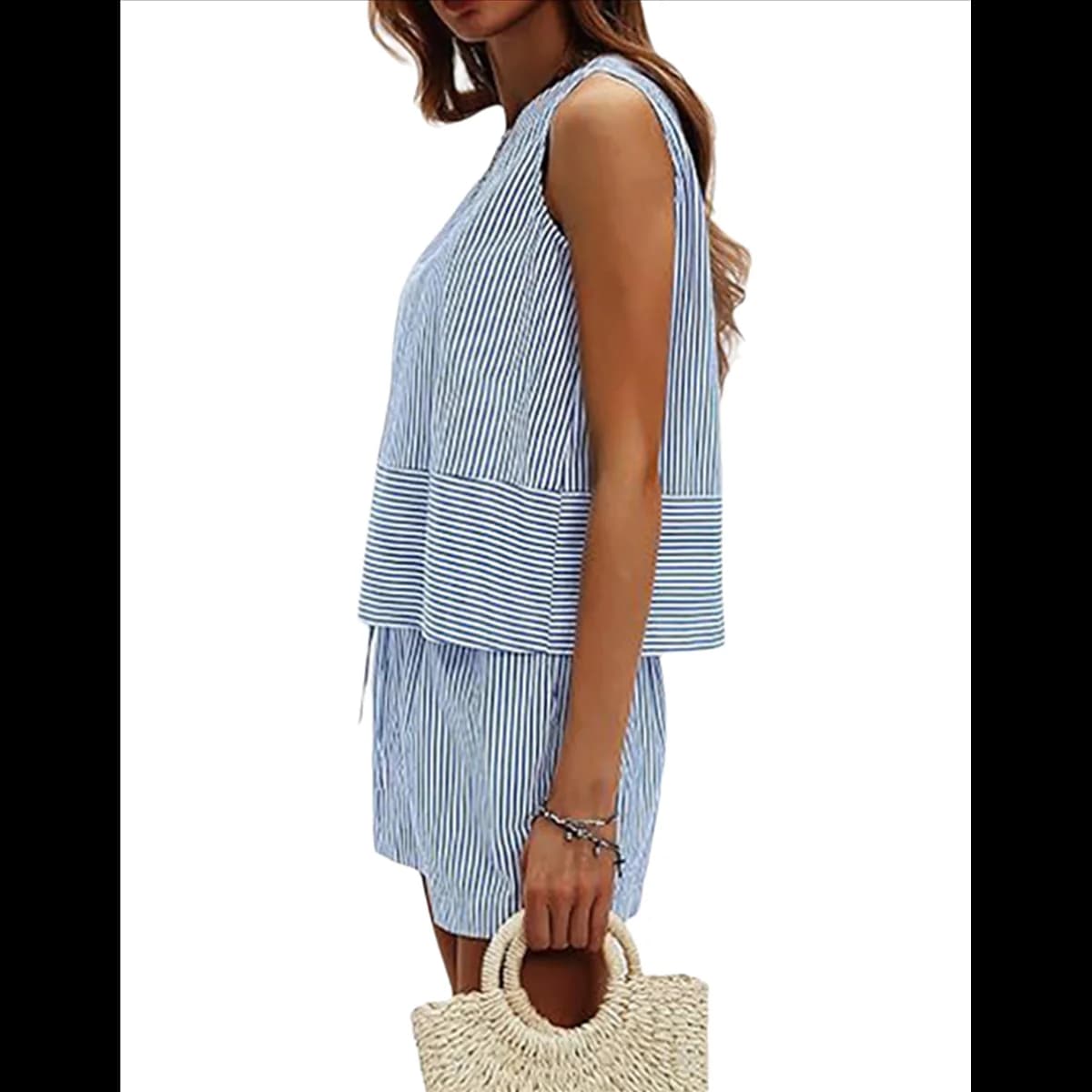 ABQR Women'S Summer 2 Piece Outfits Sleeveless Tank Top Matching Shorts Sets Cotton Striped Sweatsuits Blue S