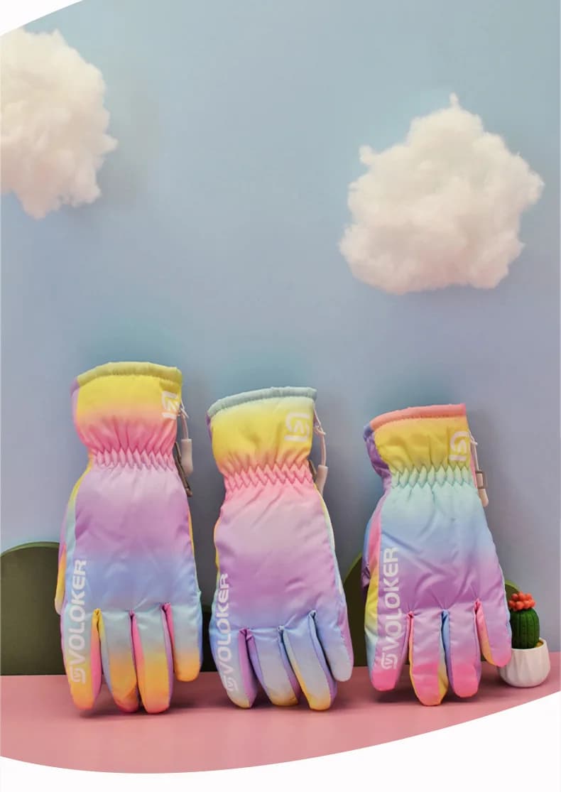 Guanti da sci per bambini Snowboard invernale in pelle PU impermeabile ciclismo caldo Unisex neve sport ragazzi ragazze bambino arcobaleno carino adorabile