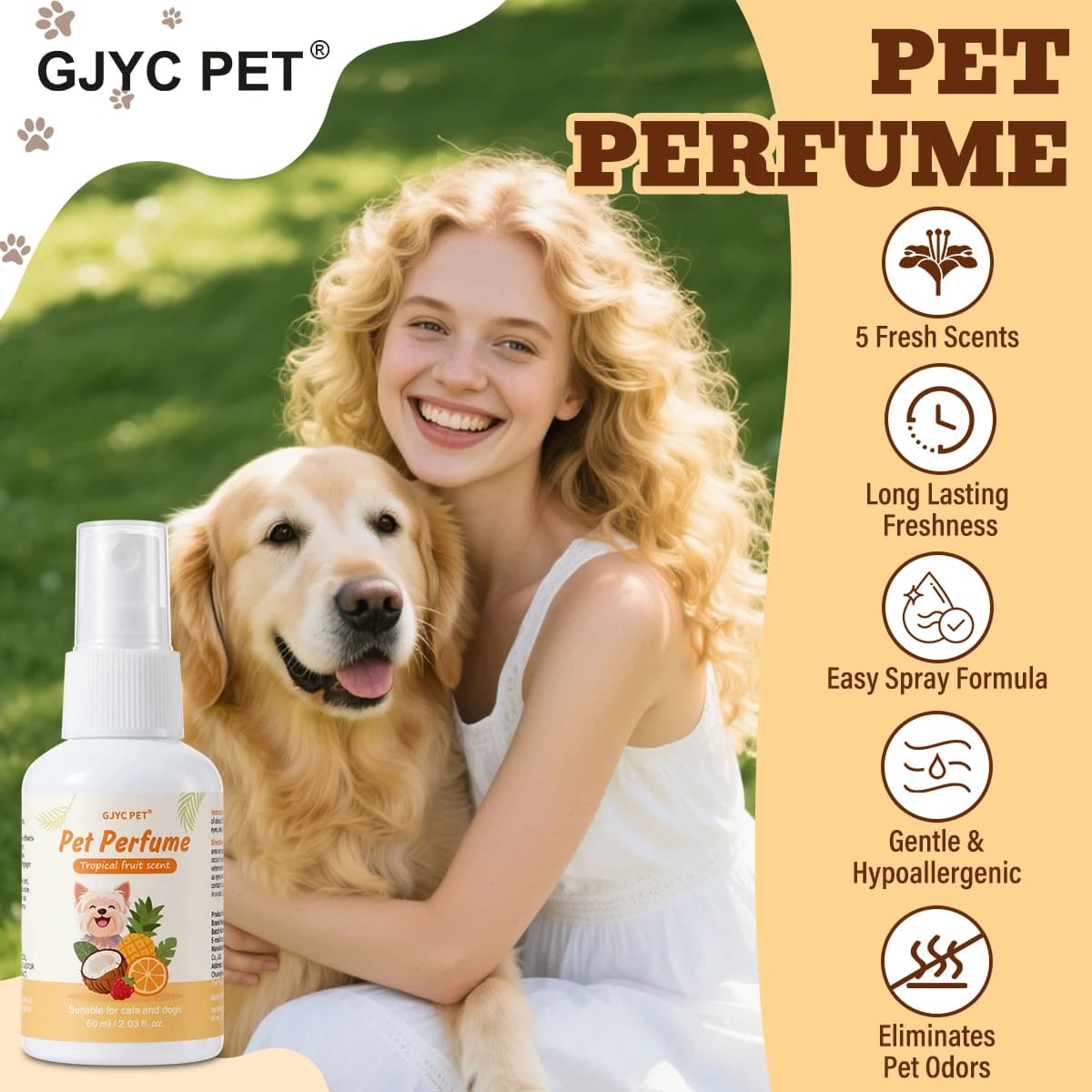 Profumo Spray per Cani e Gatti, Fragranza Frutta Tropicale, Delicato, Naturale, Lunga Durata, Elimina Odori, Rinfresca il Pelo, Non Tossico, Per Tutte le Razze