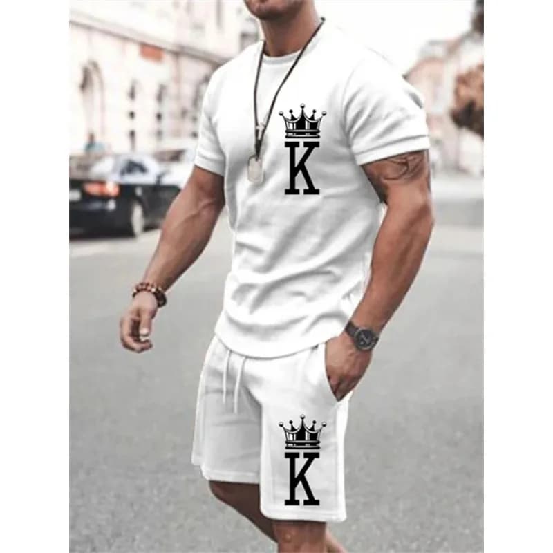 Nuovo Completo Estivo da Uomo Casual Oversize Due Pezzi Semplice Streetwear con Stampa King, T-Shirt e Pantaloncini Sportivi da Spiaggia