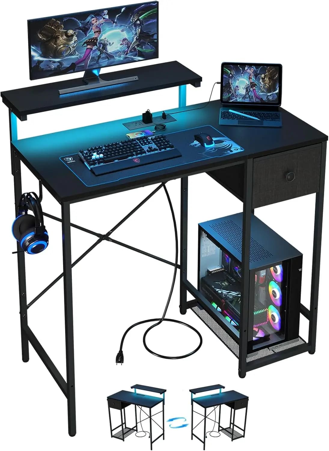 Scrivania da Gaming Compatta da 33,5' con Luci LED e Prese di Corrente, Scrivania per Computer con Supporto per Monitor