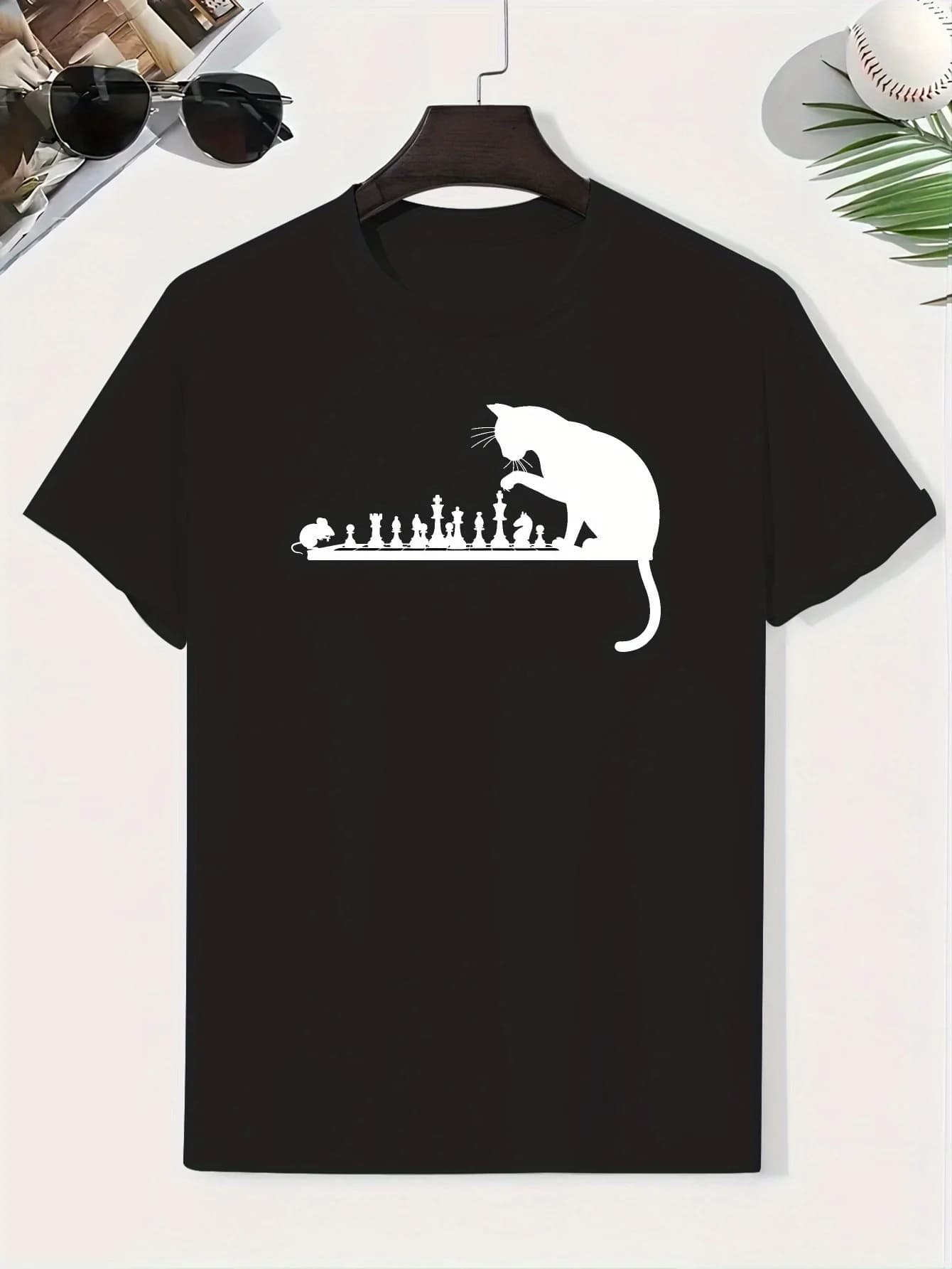 T-shirt stampata con gatto e topo a maniche corte per bambini, girocollo, top estivo adatto per abbigliamento casual da ragazzo