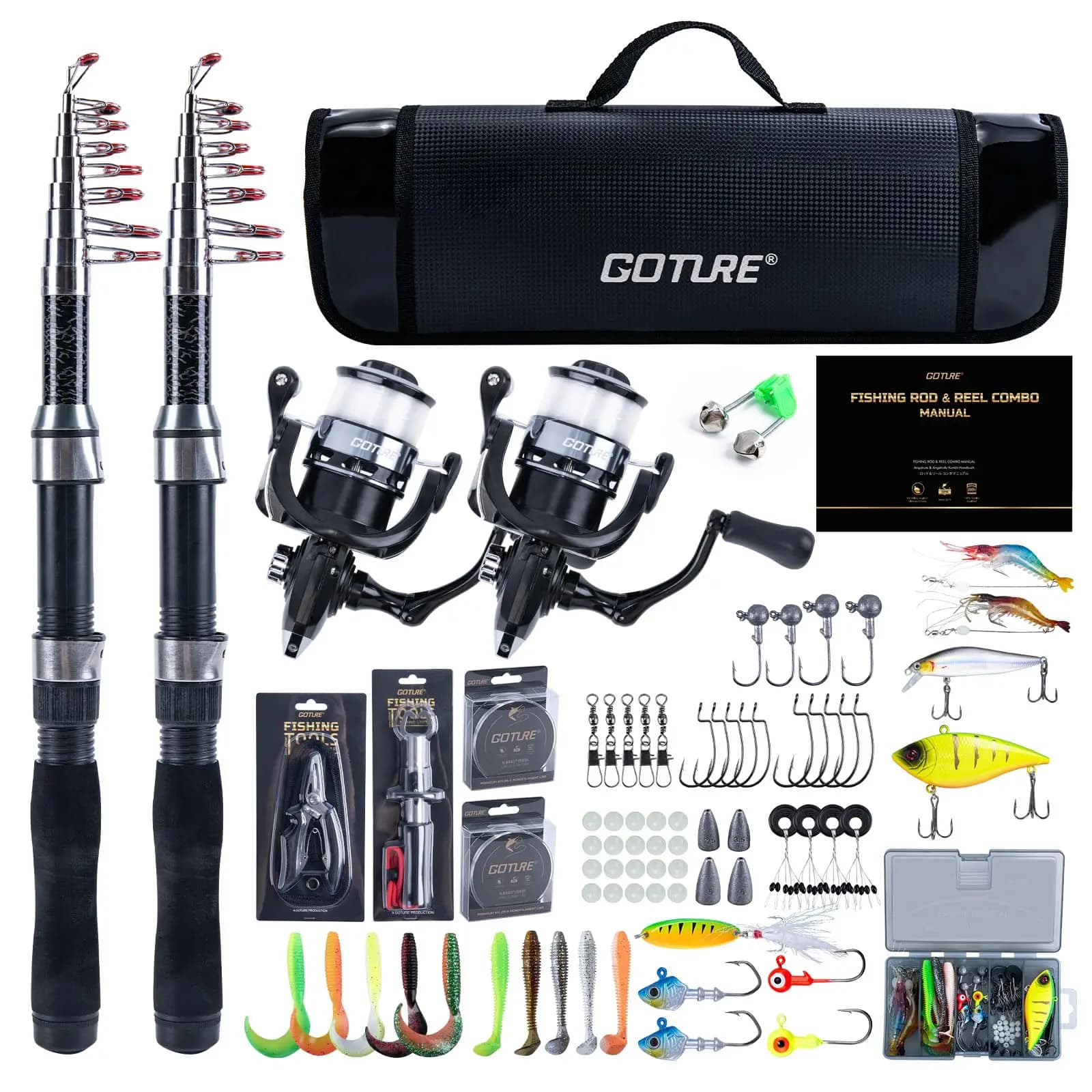 Goture Set Canna da Pesca Telescopica 1.9M-2.7M e Mulinello con Borsa Portaoggetti, 2 Canne da Pesca + 2 Mulinelli Pre-Arrotolati