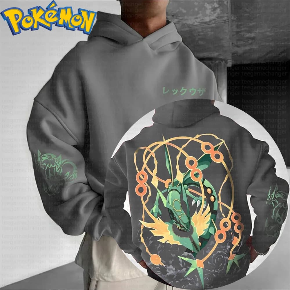 Pokemon Anime Rayquaza Felpa con cappuccio in cotone Pantaloni Harajuku Set Stampa drago verde grigio con motivo ad anello arancione Abito a due pezzi