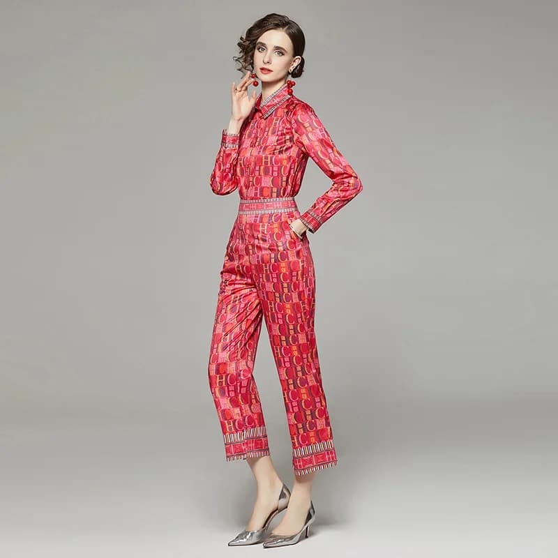 Fashion Red Blue and White Porcelain 2 Pieces Sets Women Zipper Jacket Coat＋Elastic Waist Pocket Pencil Pant Streetwear Suits