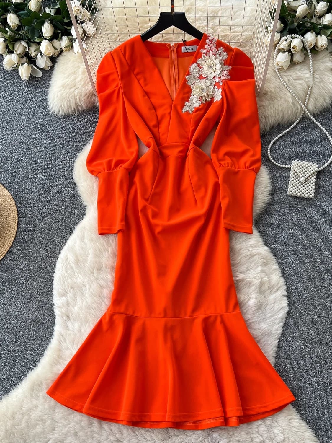 Orange 3D Flower Long Sleeve Slim Fit Waist A-Line Skirt Dress Women's Fashionable Slimming Autumn Dress Commute Style