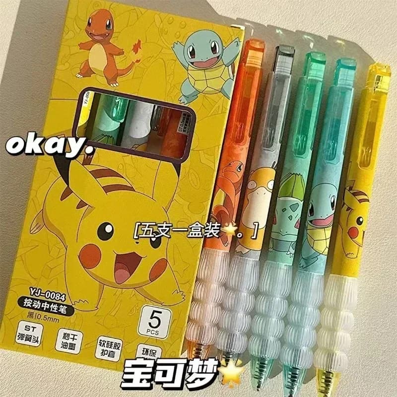 5 pieces Pokemon Pen Set Pikachu Squirtle Charmander, Press Gel Pen Cute Anime School Office Supplies Registry Gift for Children