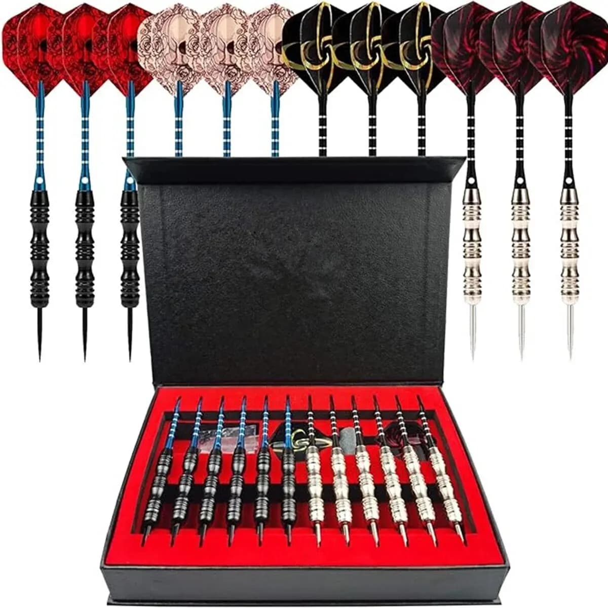 12 Pcs/ Set Of Dart Pro Metal Dart Steel Tips With Iron Pad Aluminum Dart Rod Extra Flying Dart Sharpener Sharpening Stone Box