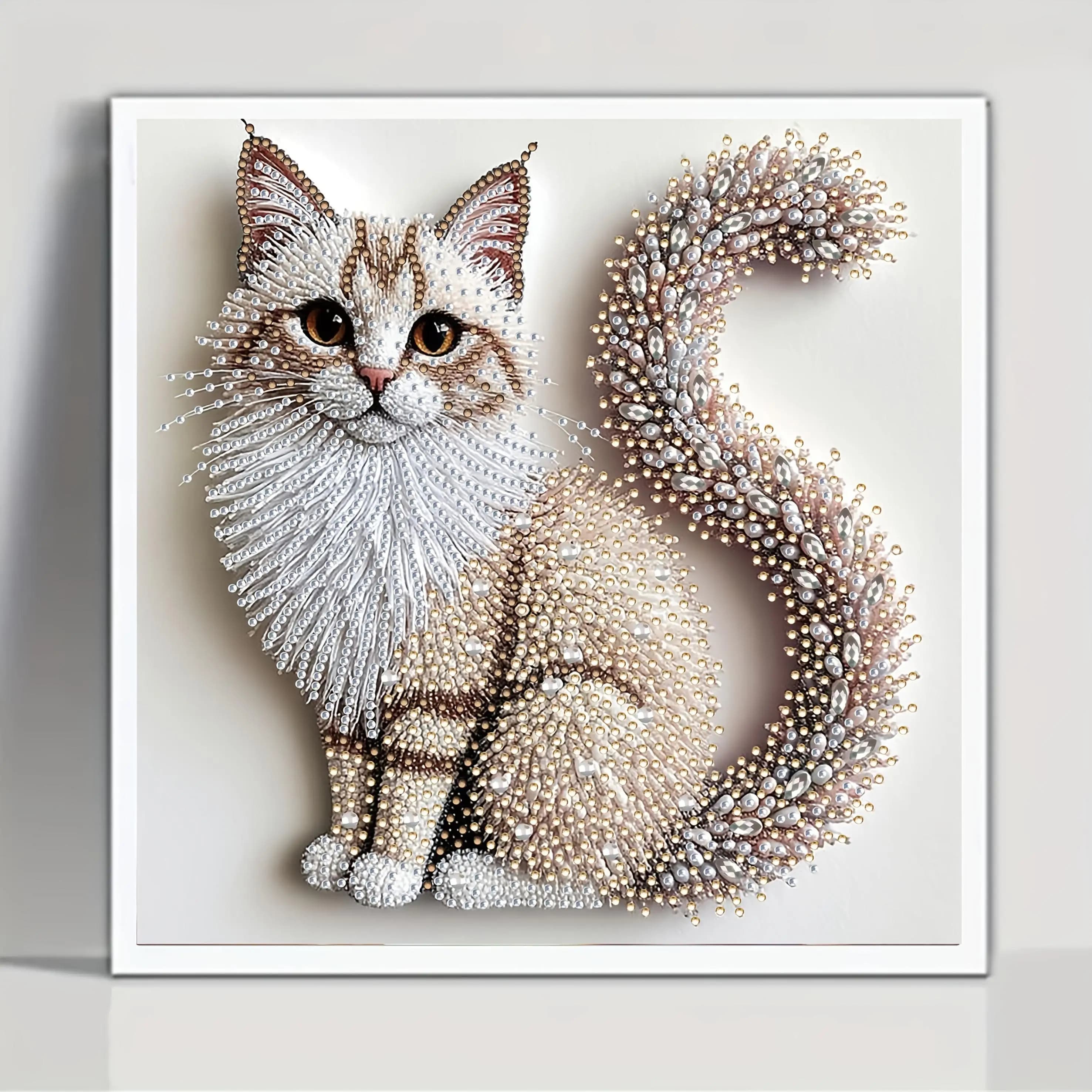 Kit Pittura Diamante 5D, Stampa 2D, Diamanti Irregolari, Materiale Tela, Vernice Acrilica | Tema Gattino Soffice, Realizzato a Mano