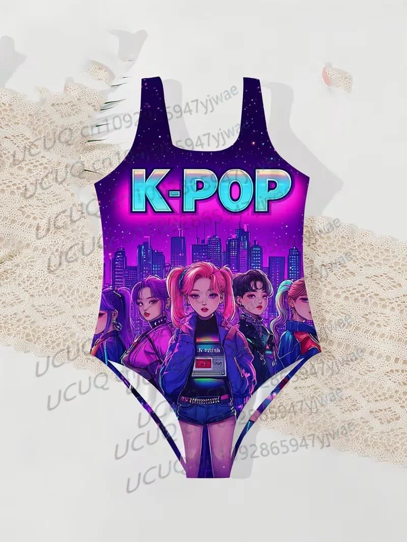 Summer Women's Girls Swimsuit Beach Bikini One Piece Parent-child Swimwear Holiday Stylish Kpop Girl Printed Swimsuit
