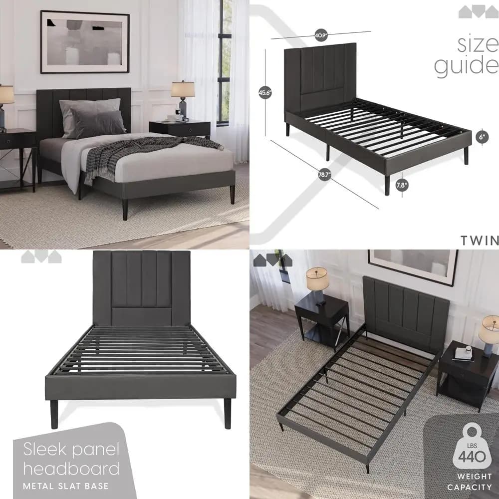 Double upholstered bed frame with headboard, metal slats support, mattress base for strong support, comfortable sleep