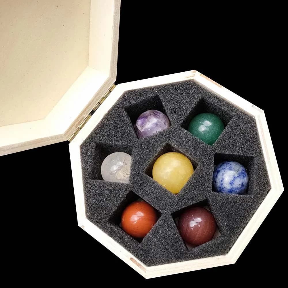 Set di minerali a sfera Chakela Chakra, scatola di legno poligonale in cristallo, ametista, agata, giada
